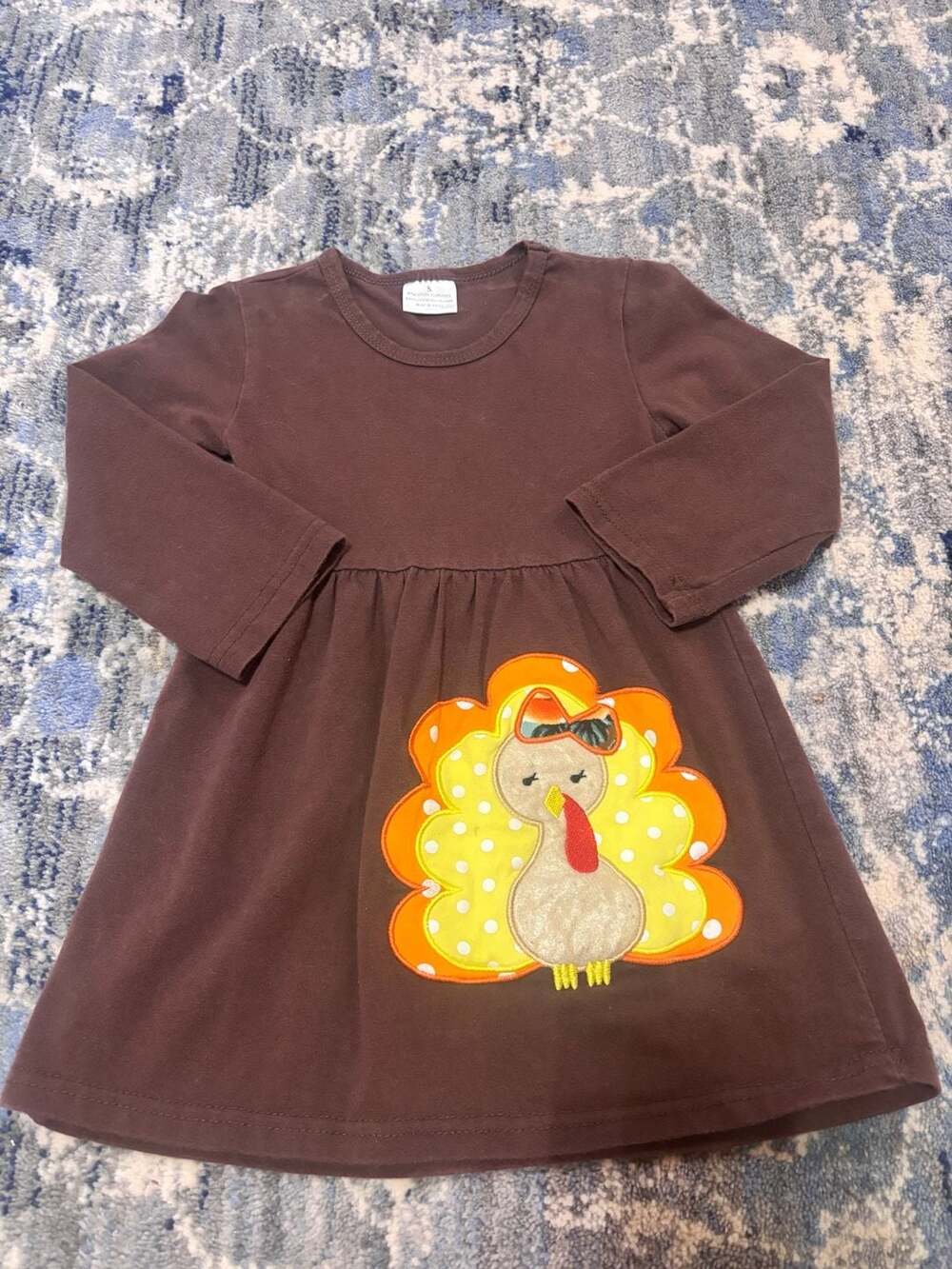 Girls Long Sleeve Brown Thanksgiving Turkey Applique Dress Size S